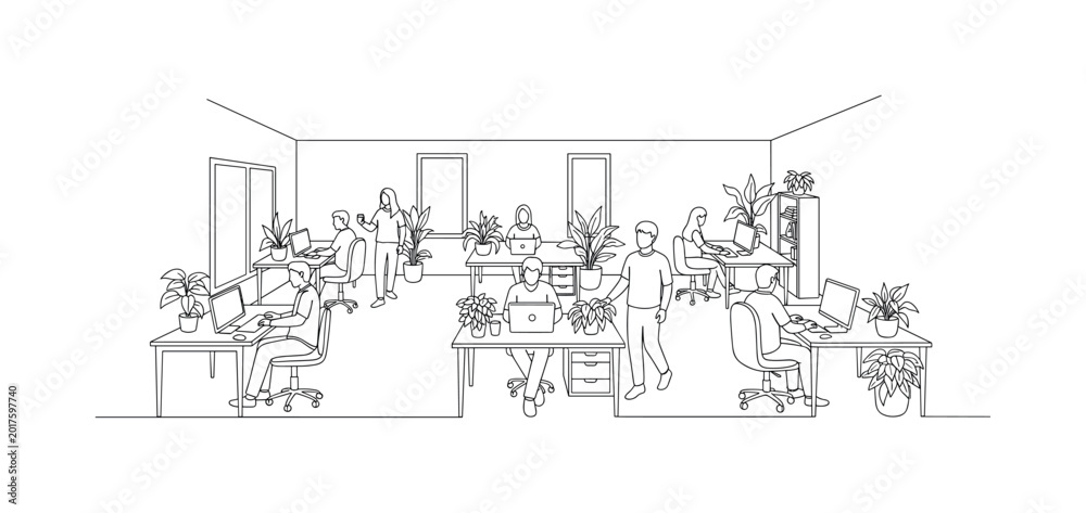 Obraz premium Diverse team collaborating in a modern, plant-filled co-working office space