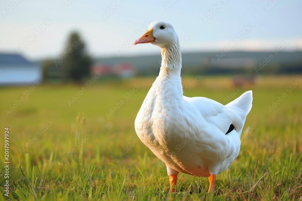Obraz premium White goose standing in grassy field with blurred rural landscape in background