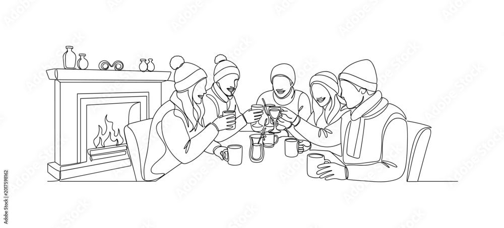 Fototapeta premium Cozy winter gathering with friends enjoying warm drinks by the fireplace