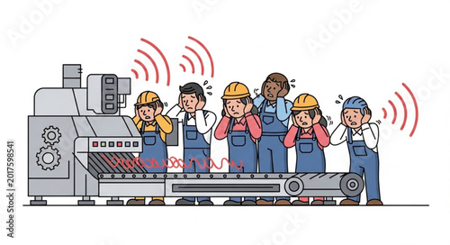Slika na platnu Workers covering ears from loud industrial machine noise pollution