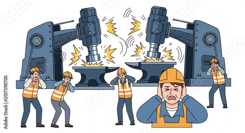 Slika na platnu Workers covering ears from loud industrial machinery noise.