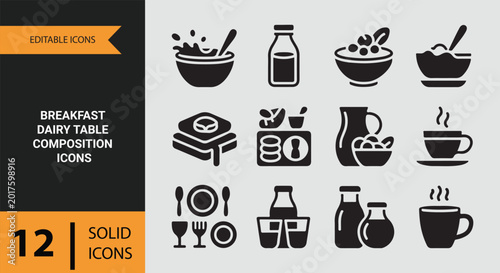 Breakfast Dairy Table Composition Solid Icons for Fresh Food Branding