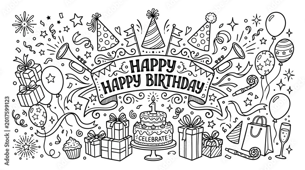 Fototapeta premium A festive birthday celebration scene with various party elements including gifts, cakes, and decorations on a white background with a happy birthday banner. 