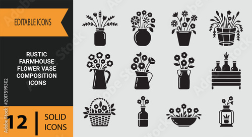 Bild auf Leinwand Rustic Farmhouse Flower Vase Composition Solid Icons for Home Decor
