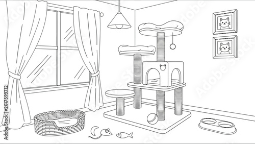 Cuadro en lienzo Cozy cat tree condo with basket, toys, and food bowls in a brightly lit room with window and curtains, perfect for feline pets relaxation