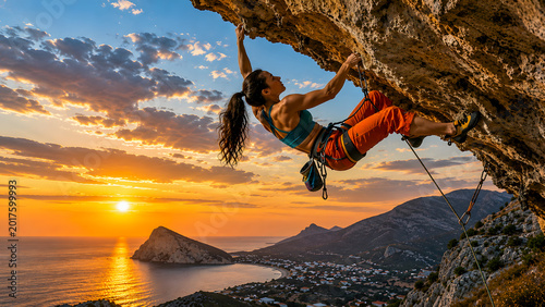 Female rock climber scaling cliff at sunset over ocean vista  