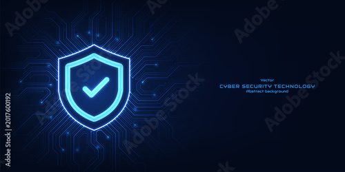 Concept of cybersecurity. Glowing protection shield with a padlock on a futuristic circuit board.  Internet networking protection security system cybersecurity. Technology vector illustration.
