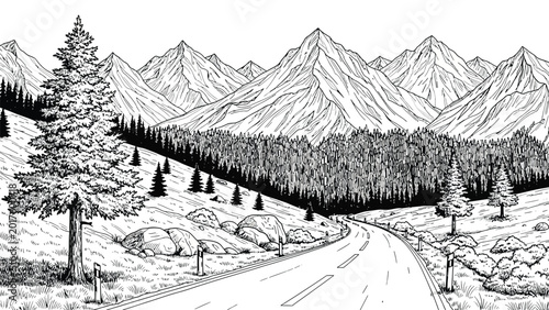 Fotografi Scenic landscape view of asphalt road winding through mountain range and dense evergreen forest under clear sky with pine tree in foreground rural route