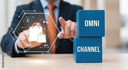 Businessman presenting retail technology concept with omni channel and secure shopping icons on a digital interface
