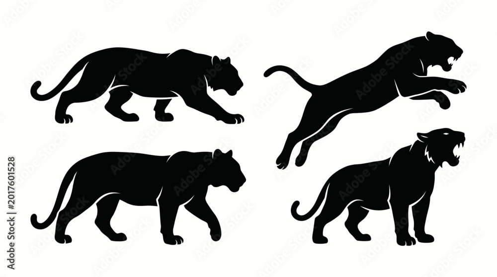 Naklejka premium Four black panther silhouettes walking and jumping on white background