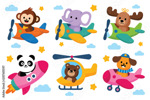Photography Funny animal air transport illustration set, generic cute elephant monkey moose and panda flying in toy aviation vehicles