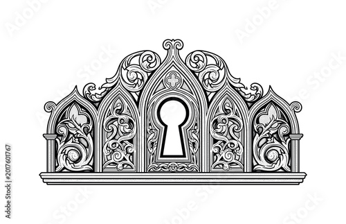 Ornate gothic keyhole with intricate scrollwork and architectural details