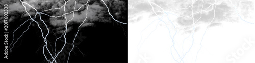 Dramatic lightning bolt strikes in dark night sky isolated on transparent background for creative graphic design.
