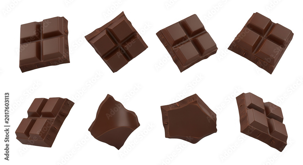 Fototapeta premium chocolate pieces in mid air on a white background deliciousness for use in food blogs or advertisements