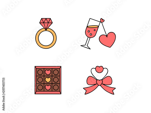 Valentine's day ring, champagne, chocolates, and bow