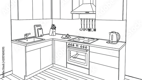 Photos Modern kitchen interior cooking area featuring stove sink and overhead cabinets with utensils hanging on wall for home lifestyle design sketch illustration