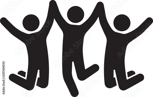 Photos Three people jumping in the air with their arms raised in celebration
