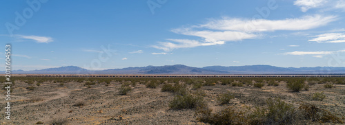 Bild auf Leinwand A long freight train stretches across the vast expanse of the Mojave Desert near Ludlow, California