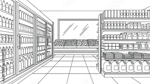 Konstfotografi Grocery store interior line art coloring page with shelves stocked with products and refrigerated glass doors for beverage display in supermarket setting