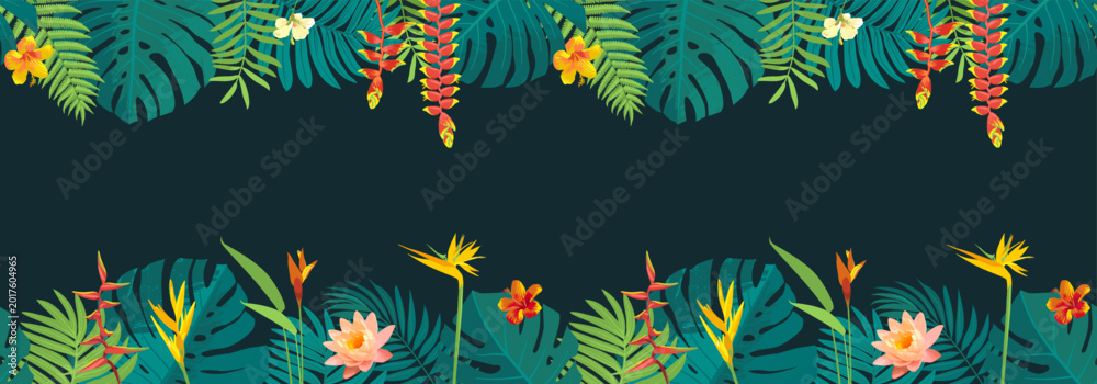 Fototapeta premium Seamless jungle tropical border background. Vector palm leaves green foliage frame. Hawaiian aloha summer aesthetic. Exotic flowers, hibiscus blooms, rainforest plants. Lush nature banner. Island bg