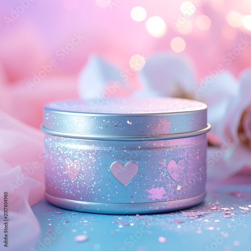 Sparkly metallic tin with hearts and flowers