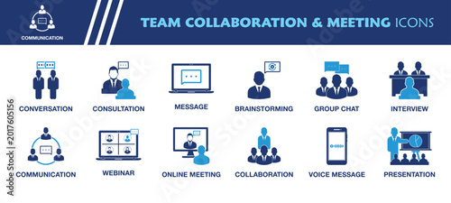 Team Collaboration and Meeting Icon Set. Collection of Communication, Conversation, Consultation, Group Chat, Presentation, Webinar and More Icons. Editable Flat Vector Illustration.