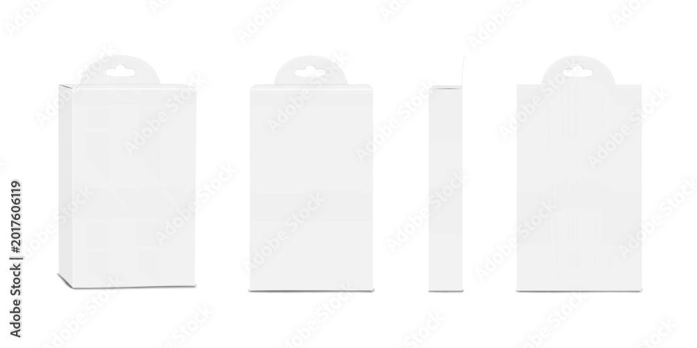 Fototapeta premium Thin white blank paper tuck box with euro slot. Front, side, back view. Realistic 3в vector mockup. Hanging carton. Easy editable mock-up. Template for packaging design