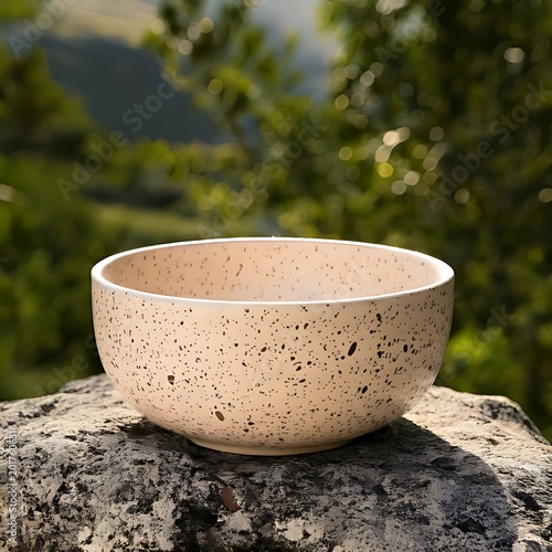 Speckled bowl rests on textured rock outdoors