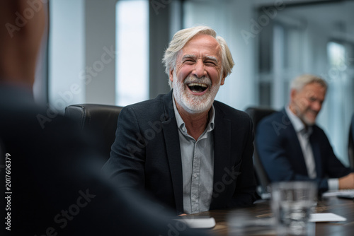 A senior businessman laughs heartily during a meeting, exuding confidence and positivity in a modern office setting.