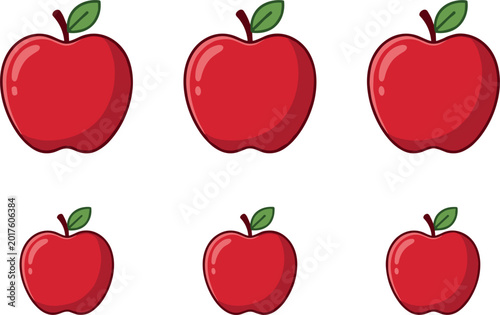 
Cute Cartoon Red Apple Collection Set with Green Leaf Various Sizes Shiny Fruit Vector Illustration