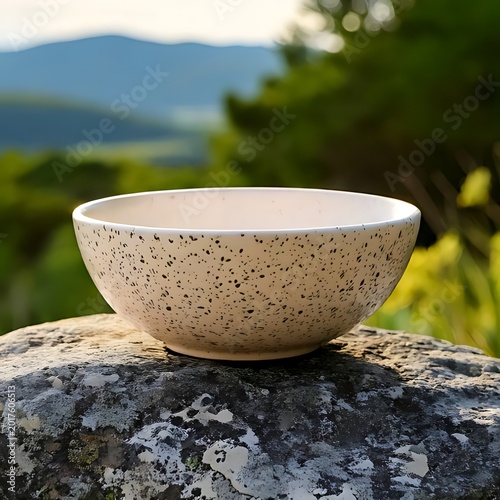 Speckled bowl sits on rock, hills background