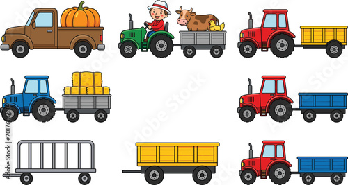 Foto Collection of colorful farm tractors, pickup truck, trailers with hay, animals,