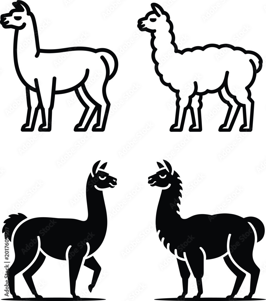 Fototapeta premium Llama and alpaca icon set, minimalist vector animal illustrations, black and white design collection