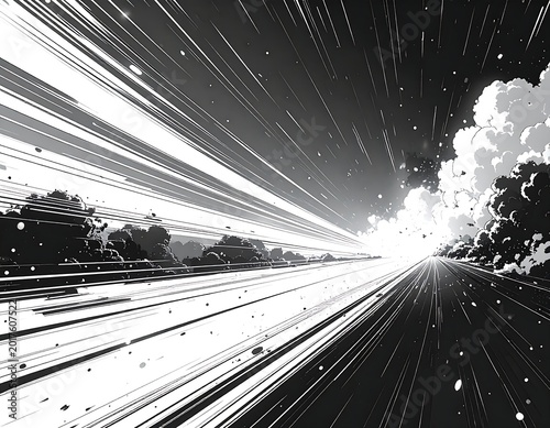 Speed lines, clouds, and stylized trees zoom forward