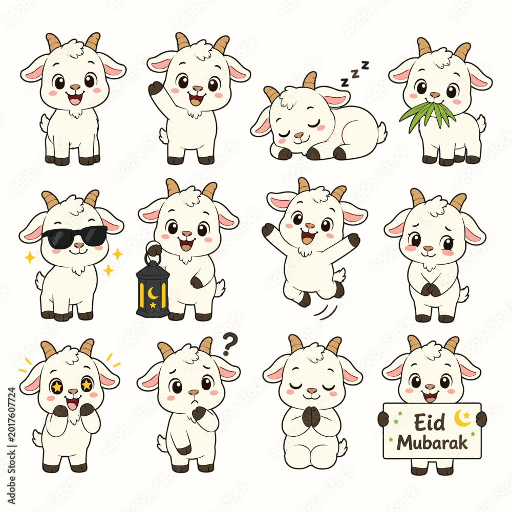 Fototapeta premium Cute Eid al-Adha Goat Character Set with Various Poses, Expressions, and Islamic Elements