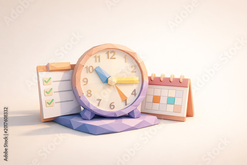 Pastel 3D Time Management Concept with Clock Calendar and Productivity Checklist Illustration