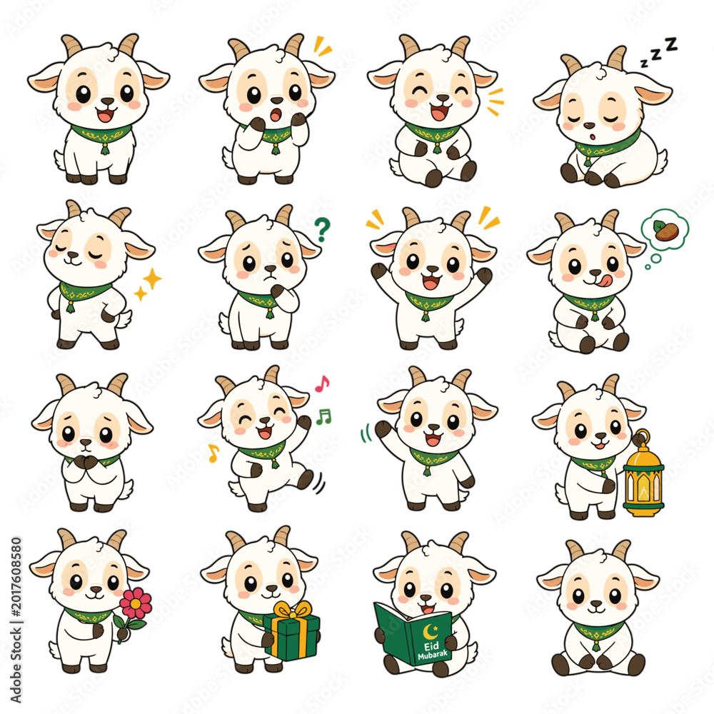 Fototapeta premium Cute Goat Character Sticker Set for Eid Mubarak Islamic Holiday Celebrations