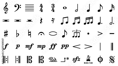 A collection of music notes and symbols icon pack for design