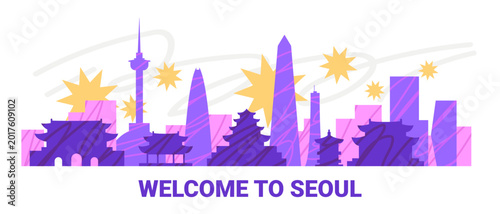 Seoul city skyline famous landmarks modern buildings traditional architecture colorful abstract shapes stars white background website banner
