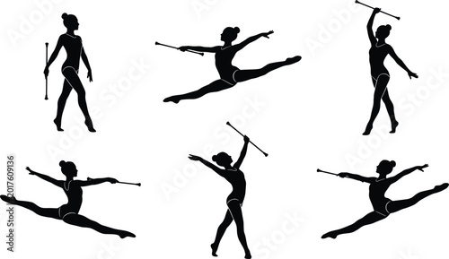 Foto Collection of female rhythmic gymnast silhouettes performing dynamic jumps and e