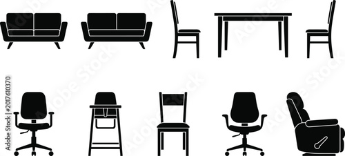 Obraz na płótnie Set of black silhouette home and office furniture icons featuring sofas, chairs,