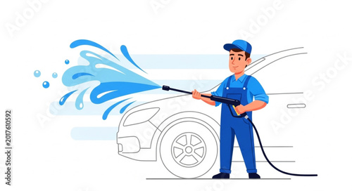 Photos Man washing car with high pressure water jet cleaning service.