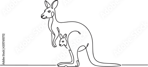 Obraz na plátně A mother kangaroo and her joey standing side by side in a simple line drawing
