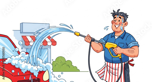 Obraz na plátne Man Washing Car with High Pressure Water Spray.