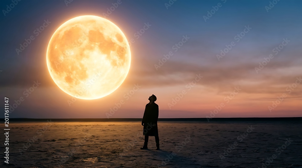 Fototapeta premium Silhouette of man standing on barren landscape looking up at large full moon during twilight.