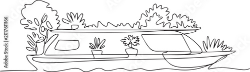 Foto Continuous line drawing of a houseboat on a serene lake surrounded by lush green