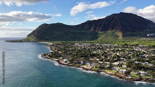 Aerial view overlooking Makaha on the Waianae Coastline on the west side of the island of Oahu in Hawaii. 