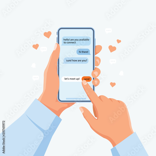 A person uses a finger to touch a social network icon on a mobile smartphone screen, representing a digital communication technology concept for the future of internet media and business.