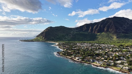 Aerial view overlooking Makaha on the Waianae Coastline on the west side of the island of Oahu in Hawaii. 