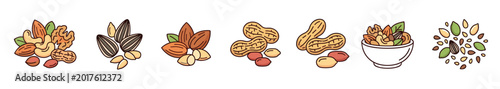 Collection of assorted nuts and seeds illustrations in a hand-drawn doodle style, featuring peanuts, almonds, cashews, walnuts, and sunflower seeds in piles and a bowl for healthy snacking